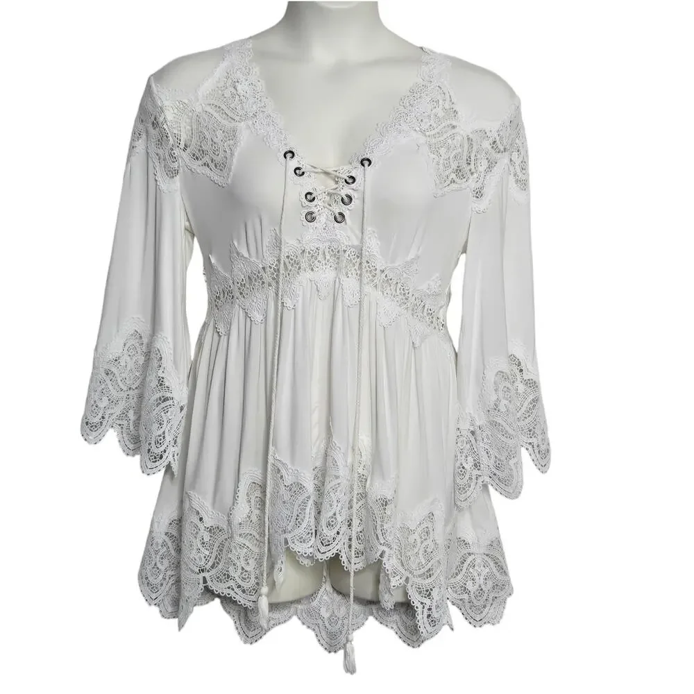 Womens Pol White Tunic Top Size Small Victorian Romantic Flowy Shirt Blouse - Picture 1 of 6